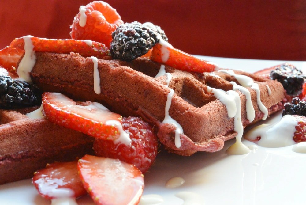 Red Velvet Waffles with Cream Cheese Drizzle Food Gypsy